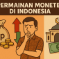Ilustrasi yang menggambarkan “Permainan Moneter” di balik nilai Rupiah, dengan simbol tangan tak terlihat sedang menggerus nilai mata uang di tengah fluktuasi kebijakan suku bunga dan inflasi yang melambungkan harga kebutuhan pokok. 